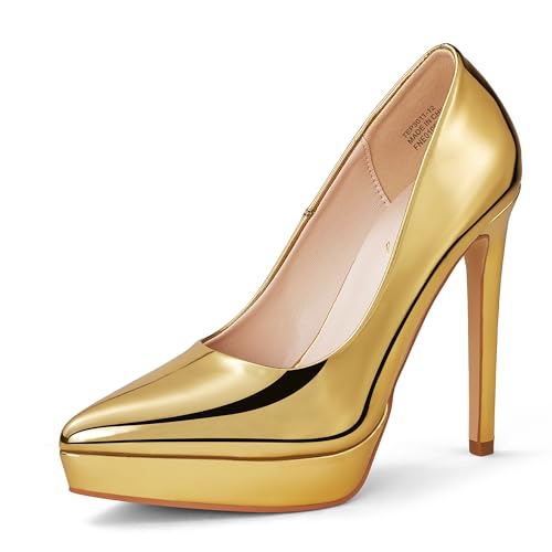 Zhabtuc Damen Plateau Pumps Klassische Stiletto Absatzschuhe Platform High Heels Spitze Zehen Hochzeit Schuhe, Gold, 39 EU von Zhabtuc