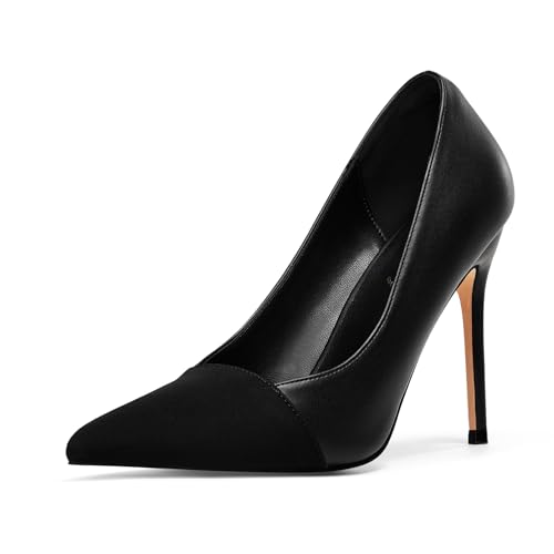 Zhabtuc Damen Pumps High Heels – Spitz, Stiletto, Modisches Farbblock-Design, Zweifarbig (Mattschwarz-schwarzer Elasthan), 38.5 EU von Zhabtuc