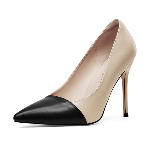Zhabtuc Damen Pumps High Heels – Spitz, Stiletto, Modisches Farbblock-Design, Zweifarbig (Schwarz-Nackt), 38.5 EU von Zhabtuc
