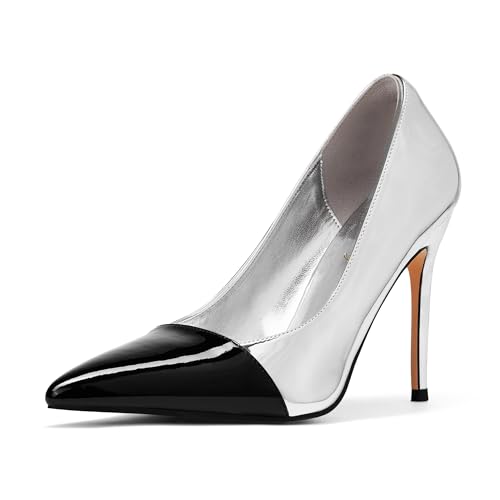 Zhabtuc Damen Pumps High Heels – Spitz, Stiletto, Modisches Farbblock-Design, Zweifarbig (Silber-Schwarz), 40.5 EU von Zhabtuc