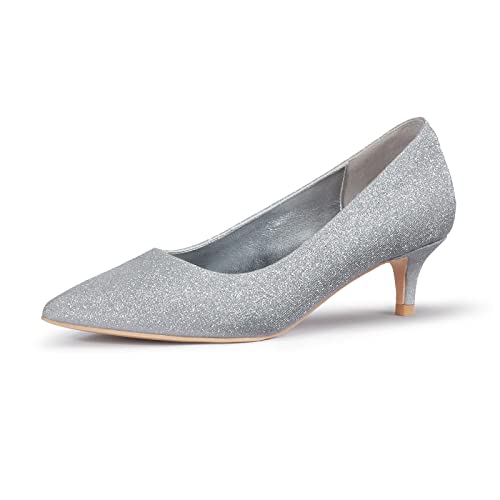 Zhabtuc Damen Pumps mit Kitten Heel, Sexy Spitz Niedrige Absätze 5 cm Absatzschuhe Geschlossene Pumps mit Kleinem Absatz Elegant Brautschuhe Büro Heel Schuhe, Silber 40EU von Zhabtuc