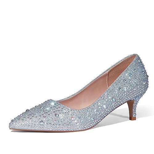 Zhabtuc Damen Pumps mit Kitten HeelSexy Spitz Niedrige Absätze 5 cm Absatzschuhe Geschlossene Pumps mit Kleinem Absatz Elegant Brautschuhe Büro Heel Schuhe, Strass Silber 39EU von Zhabtuc