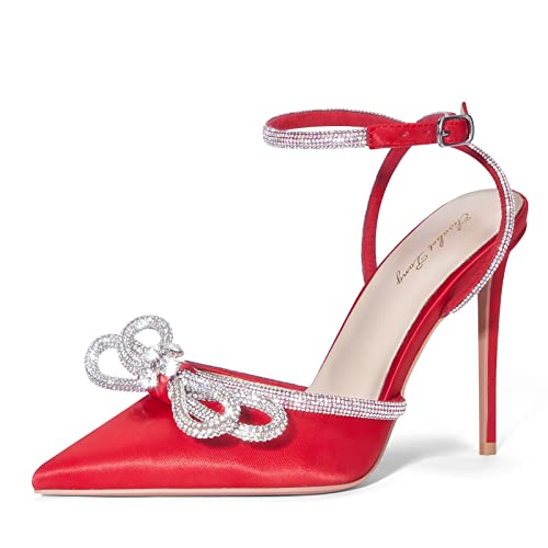 Zhabtuc Damen-Pumps mit hohem Absatz, Satin Strass Bowknot Schnürsandalen, Rot, 40.5 EU von Zhabtuc