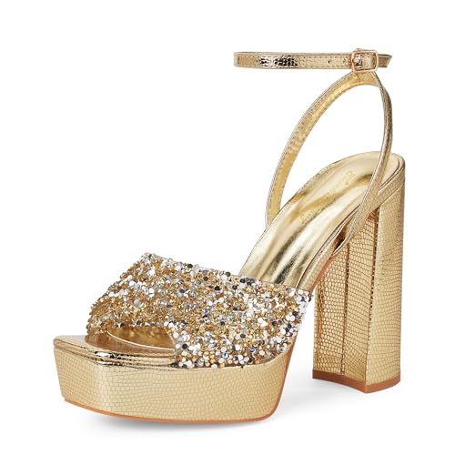 Zhabtuc Damen-Sandalen mit Eidechsenstruktur und hohem Absatz, 12 cm Absatz, Knöchelriemen, Peep Toe, Strassverzierung, Gold, 38 EU von Zhabtuc