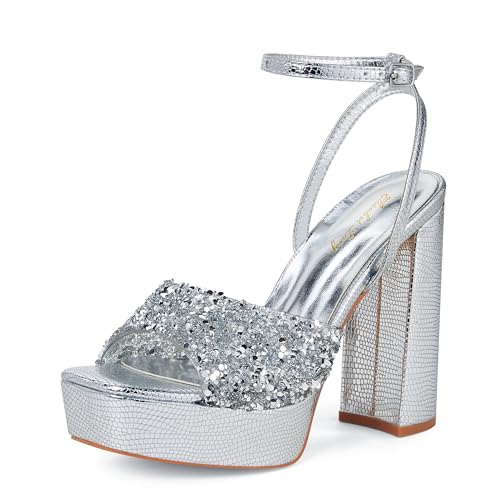 Zhabtuc Damen-Sandalen mit Eidechsenstruktur und hohem Absatz, 12 cm Absatz, Knöchelriemen, Peep Toe, Strassverzierung, Silber, 37 EU von Zhabtuc