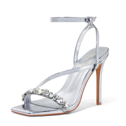 Zhabtuc Damen Sandaletten 10cm High Heels Knöchelriemen Strass Peep Toe Sommer Hochzeit Tanz, Silber, 42 EU von Zhabtuc