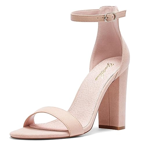Zhabtuc Damen Sandaletten High Heels mit Blockabsatz Hoher Absatz Offene Zehen Knöchelriemen Sommerschuhe Frauen Chunky Blockabsatz Sandalen Abend Party Sandals Beige EU41 von Zhabtuc