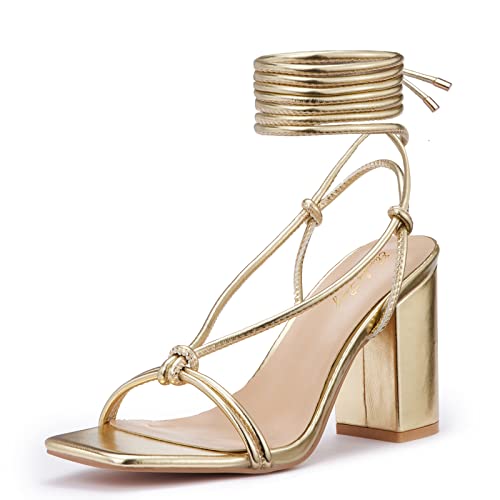 Zhabtuc Damen Sandaletten mit Blockabsatz Schnürsenkel Sandale Eckige Offen Zehen Riemchensandalen Sommer Heel Sandaletten Sexy Party Abschlussball Hochzeit Stöckelschuhe Sandaletten Gold EU40 von Zhabtuc