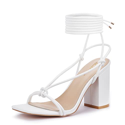 Zhabtuc Damen Sandaletten mit Blockabsatz Schnürsenkel Sandale Eckige Offen Zehen Riemchensandalen Sommer Heel Sandaletten Sexy Party Abschlussball Hochzeit Stöckelschuhe Sandaletten Weiß EU40.5 von Zhabtuc