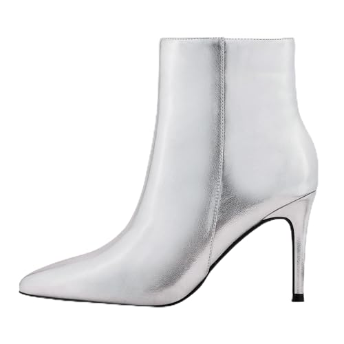 Zhabtuc Damen-Stiefeletten Herbst Winter 8 cm Absatz – Geschlossene Spitze Stiletto-Booties für Arbeit, Party, Reisen, Silber, 41 EU von Zhabtuc