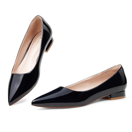 Zhabtuc Flache Ballerinas für Damen Schuh mit Spitzer Zehenpartie Elegante Slip-on Schuhe mit Niedriger Absatz Hochzeitsschuhe Arbeitsschuhe Business-Schuhe, Schwarzes Lackleder, 42 EU von Zhabtuc