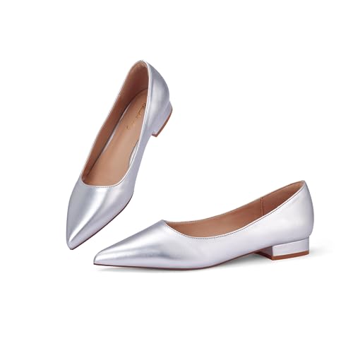 Zhabtuc Flache Ballerinas für Damen Schuh mit Spitzer Zehenpartie Elegante Slip-on Schuhe mit Niedriger Absatz Hochzeitsschuhe Arbeitsschuhe Business-Schuhe, Silber, 42 EU von Zhabtuc