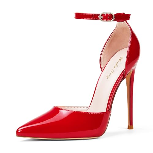 Zhabtuc High Heels, Damen Pumps D'Orsay Knöchelriemen Spitz zulaufender Zehenbereich Stilettos Party Hochzeitsschuhe, Rot, 40.5 EU von Zhabtuc