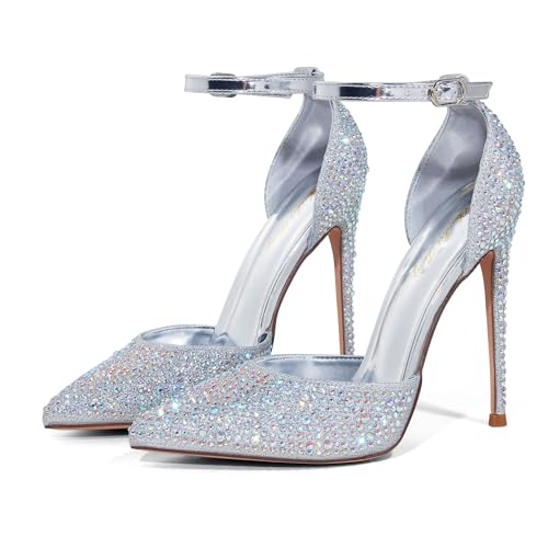 Zhabtuc High Heels, Damen Pumps D'Orsay Knöchelriemen Spitz zulaufender Zehenbereich Stilettos Strass Party Hochzeitsschuhe, Silberner Strassstein, 41 EU von Zhabtuc