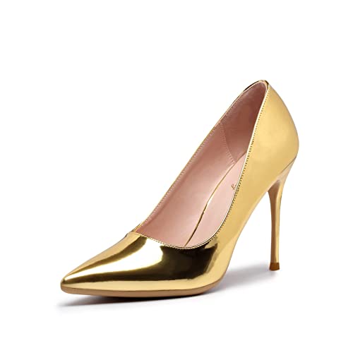 Zhabtuc High Heels 10 cm, Damen Spitzschuh Schlupfschuhe Stilettos Party Hochzeit Pumps Basic Schuhe, Gold, 39 EU von Zhabtuc