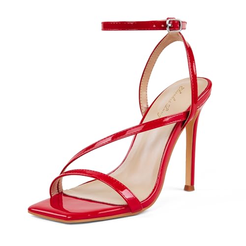 Zhabtuc Damen-Sandalen mit hohem Absatz, stilvolles quadratisches Design mit offener Spitze und bequemem Knöchelriemen, 10 cm Stilettoabsatz, ideal für Partys und den Alltag, Rot, 37 EU von Zhabtuc