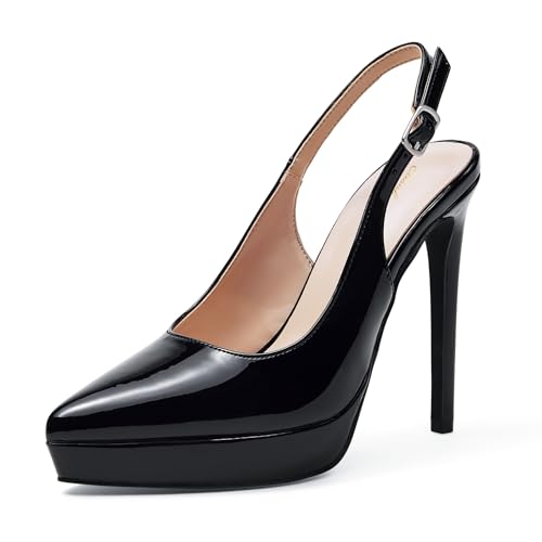 Zhabtuc Plateaupumps 12,5 cm spitz zulaufend geschlossene Zehenpartie Stiletto Slingback High Heel für Damen Abendschuhe für selbstbewusste Feminine Schritte, Schwarz, 38.5 EU von Zhabtuc