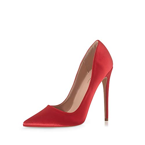 Zhabtuc Pumps Damen Schuhe Elegant und Bequem Damenschuhe Hochzeitsschuhe Stiletto High Heel, 12cm Absatz, Klassische Spitze Satin Außenmaterial,Rotes Satin, 40.5 EU von Zhabtuc