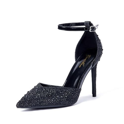 Zhabtuc Schwarz Strass Pumps für Damen Glitzer Knöchelriemen Stiletto Heels 10 cm/3,94 Inches Funkelnde Spitze Absatzschuhe Party Hochzeit Heels Brautschuhe Glänzende Stöckelschuhe, 37 EU von Zhabtuc