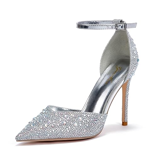 Zhabtuc Silber Strass Pumps für Damen Glitzer Knöchelriemen Stiletto Heels 10 cm/3,94 Inches Funkelnde Spitze Absatzschuhe Party Hochzeit Heels Brautschuhe Glänzende Stöckelschuhe, 37EU von Zhabtuc