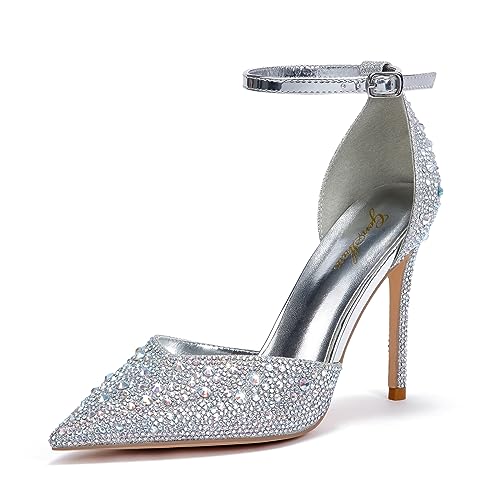 Zhabtuc Silber Strass Pumps für Damen Glitzer Knöchelriemen Stiletto Heels 10 cm/3,94 Inches Funkelnde Spitze Absatzschuhe Party Hochzeit Heels Brautschuhe Glänzende Stöckelschuhe, 41 EU von Zhabtuc
