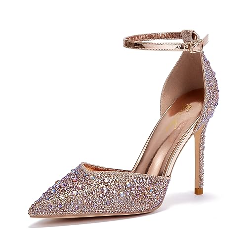 Zhabtuc Stiletto Pumps Damen Glitzer Strass Knöchelriemen High Heels 10 cm/3,94 Inches Funkelnde Spitze Absatzschuhe Party Hochzeit Heels Brautschuhe Glänzende Stöckelschuhe, Gold, 37EU von Zhabtuc