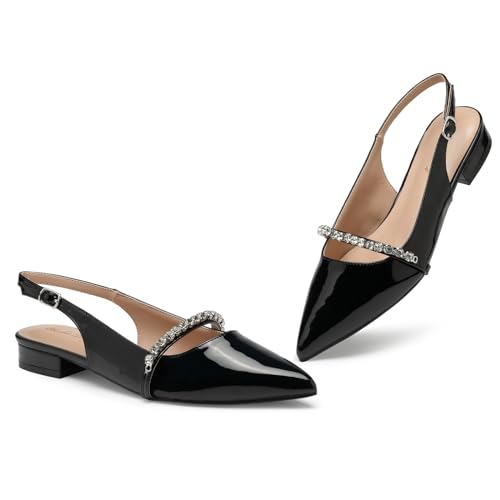 Zhantuc Elegante Damen Schuhe Flache Mokassins Spitz Pumps Sandalen mit Schmucksteinen, Schwarzes Lackleder, 39 EU von Zhabtuc