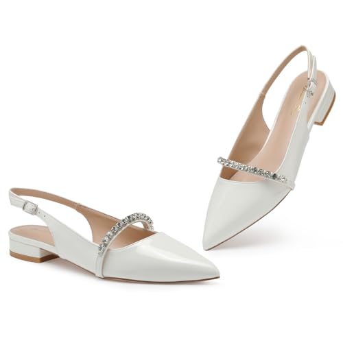 Zhantuc Elegante Damen Schuhe Flache Mokassins Spitz Pumps Sandalen mit Schmucksteinen, Weiß, 41 EU von Zhabtuc