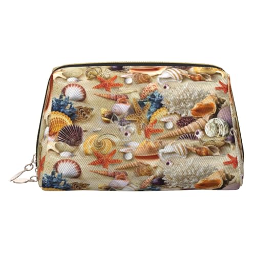 Goldfarbene Make-up-Tasche aus Leder, Motiv: Seestern, Muschel, Sandstrand, Reise-Kosmetiktasche für Damen, Reißverschluss, ideales Geschenk für Reisende, gold, Einheitsgröße Goldfarbene Make-up-Tasche aus Leder, Motiv: Seestern, Muschel, Sandstrand, Reise-Kosmetiktasche für Damen, Reißverschluss, ideales Geschenk für Reisende, gold, Einheitsgröße von ZhanGM