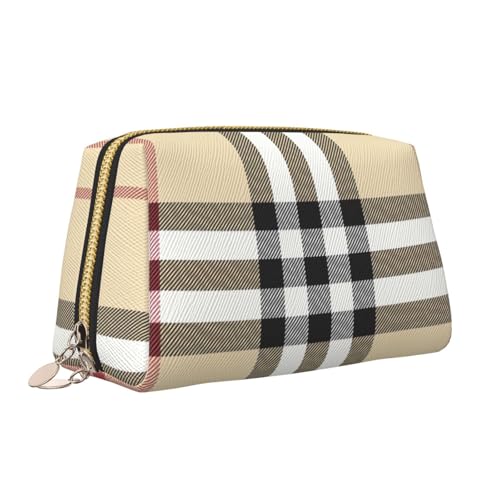 Goldfarbene Make-up-Tasche aus Leder, mit grauem Karomuster, Reise-Kosmetiktasche für Damen, mit Reißverschluss, ideales Geschenk für Reisende, gold, Einheitsgröße von ZhanGM