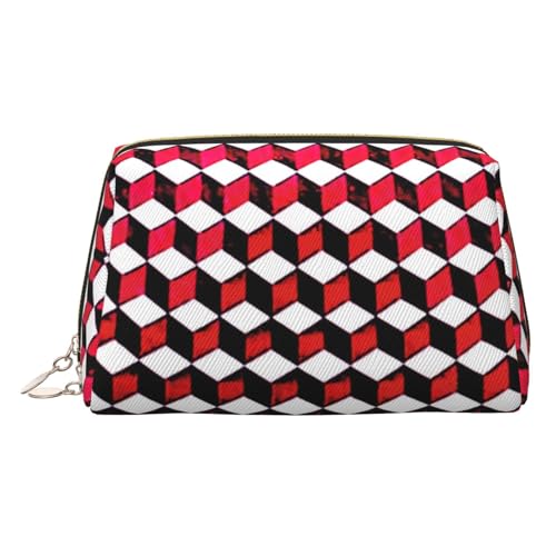 Goldfarbene Make-up-Tasche aus Leder – 3D-Rot karierter Druck, Reise-Kosmetiktasche für Damen, Reißverschluss, ideales Geschenk für Reisende, gold, Einheitsgröße von ZhanGM
