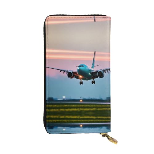 Lange Clutch aus Leder mit Flugzeug in den Abendlichtern – modisch, personalisierbar mit mehreren Kartenfächern, Reißverschlusstasche, Schwarz , Einheitsgröße von ZhanGM