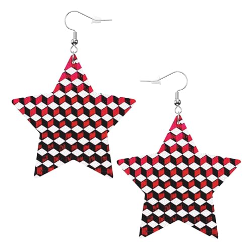 Weiße Leder-Stern-Ohrringe für Frauen – 3D-rot karierter Druck, baumelnder Schmuck, Partygeschenke und modische Accessoires, Einheitsgröße, Leder von ZhanGM