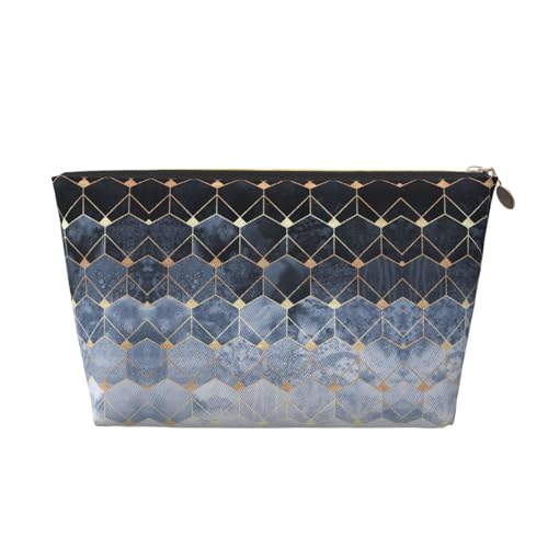Reise-Kulturbeutel aus Leder, goldfarben, wiederverwendbar, blaue Sechsecke und Diamanten, Kosmetik, Make-up, Zubehör, Organizer, Damengeldbörse mit Reißverschluss, gold, Einheitsgröße Reise-Kulturbeutel aus Leder, goldfarben, wiederverwendbar, blaue Sechsecke und Diamanten, Kosmetik, Make-up, Zubehör, Organizer, Damengeldbörse mit Reißverschluss, gold, Einheitsgröße von ZhanMg