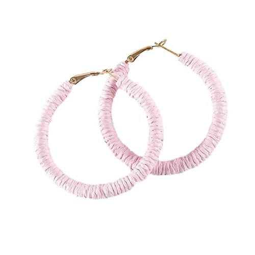 Boho-Bast-Rattan-Ohrringe, handgefertigt, große runde Kreise, Kreolen für Damen, rund, bunt, Sommer, Strand, gewebte Ohrringe, Urlaubsschmuck (Rosa) von Zhang shine