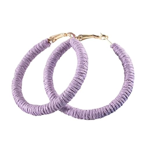 Boho-Bast-Rattan-Ohrringe, handgefertigt, große runde Kreise, Kreolen für Damen, rund, bunt, Sommer, Strand, gewebte Ohrringe, Urlaubsschmuck (lila) von Zhang shine