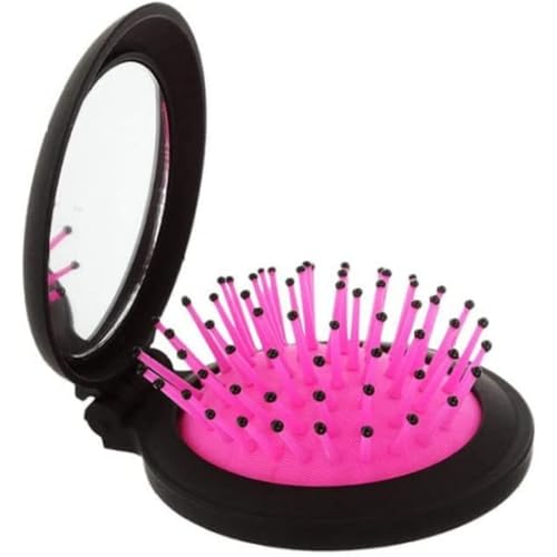 Faltbare Reisespiegel-Haarbürsten, rund, tragbar, Mini-Haarbürste, Massagekamm, für Männer, Frauen und Mädchen (Rosa) von ZhangJJJJJJJ