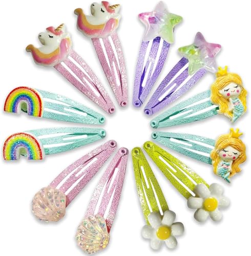 Zhangsiyu Haarspangen für Mädchen, Einhorn, Regenbogen, Muschel, Meerjungfrau, Haarspangen mit niedlichem Blumenmuster, Haarspangen, glitzerndes Haar-Accessoire für Kleinkinder, kleine Mädchen von Zhangsiyu