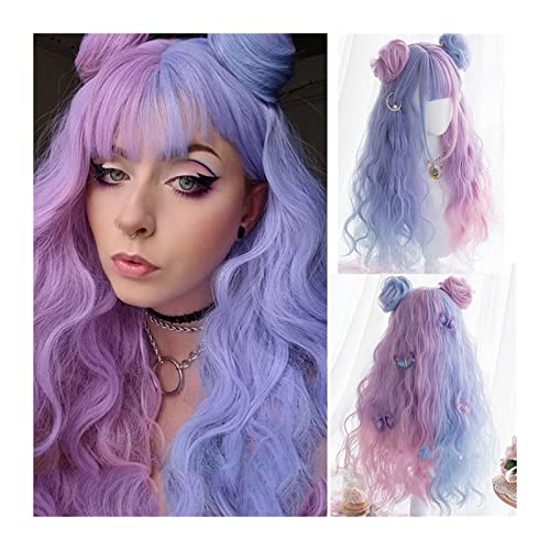 Perücken für Frauen Kostüm Partei Langwellige lockige Perücke mit Pony und kleinem Haarknoten, lila gemischte blaue rosa lockige Perücke Lolita Cosplay Party synthetische Perücken for Frauen Mädchen P von Zhaoj24-05