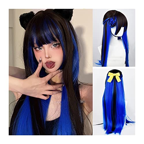 Perücken für Frauen Kostüm Partei Schwarze gemischte blaue Perücke mit Pony 80 cm lange glatte Haarperücke synthetische gerade Cosplay-Perücke atmungsaktive hitzebeständige Faserperücke Party-Hallowee von Zhaoj24-05