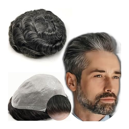 Toupet für Männer Haarersatz Systeme 100% europäisches Echthaar-Toupet for Männer, 8 x 10 gewellte Stücke, Ersatz-Haarteil for Herren, PU-Hautsystem Perücke Männer(Black add grey) von Zhaoj24-05