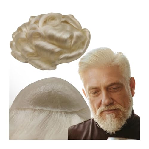 Toupet für Männer Haarersatz Systeme 100% europäisches Echthaar-Toupet for Männer, 8 x 10 gewellte Stücke, Ersatz-Haarteil for Herren, PU-Hautsystem Perücke Männer(White Grey) von Zhaoj24-05