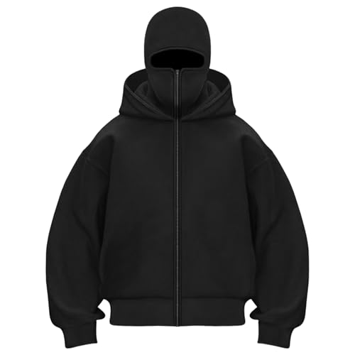 Zhden Balaclava Hoodie Herren Damen Ninja Kapuzenpullover mit Sturmhaube Oversized Mask Jacke mit 1/4 Zip Doppel Kapuze Einfarbig Y2K Hoodie mit Fleece Winddichte Übergangsjacke Motor Fahrrad von Zhden