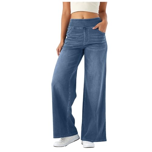 Zhden Damen Baggy Jeans mit weitem Bein Jeanshose Mit Gummibund High Waist Stretch Weites Bein Jeans Mit 4 Taschen Damen Hosen Große Größen Weiter Beinschnitt Jeans für Party Freizeit von Zhden