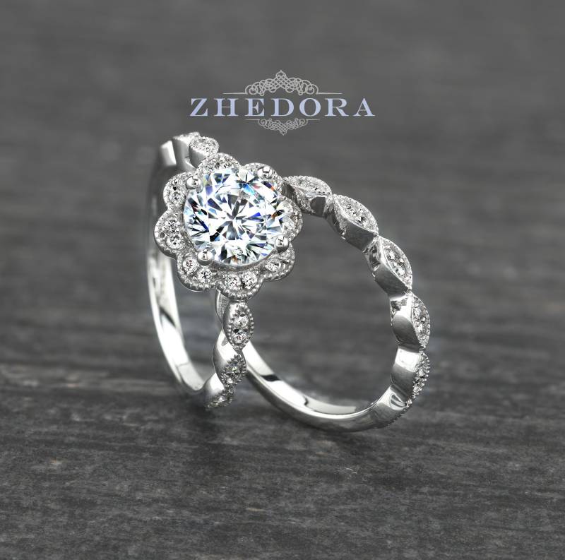 Blumen-Verlobungsring-Set Halo-Hochzeitsset Art-Deco-Band Sterlingsilber Blumen-Braut-Set Blumenhochzeits-Set Rundschliffring Von Zhedora von ZhedoraArgento