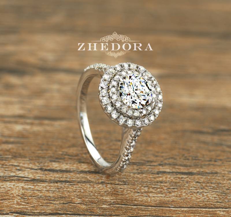 Doppel Halo Verlobungsring Sterling Silber Ehering Rhodiniert Brautring Verlobungsringe Ring von ZhedoraArgento