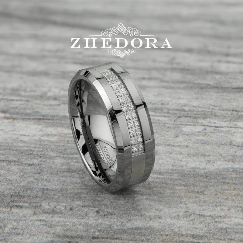 Herren Ring Wolfram Gebürstet Zentrum Doppel Reihe Steine Glänzend Low Geveled Edge Band Hochzeit Jahrestag von ZhedoraArgento