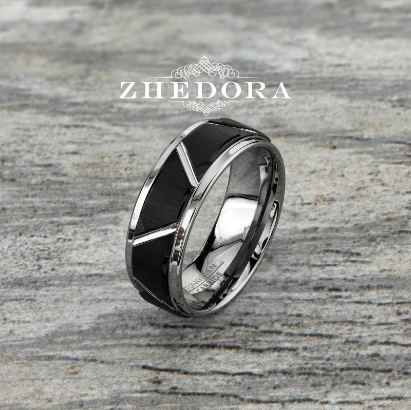 Herren Wolfram Ring Zwei Ton Gebürstet Zentrum Band Poliert Trapez Mens Hochzeit Glänzend Stepped Kanten Jahrestag von ZhedoraArgento