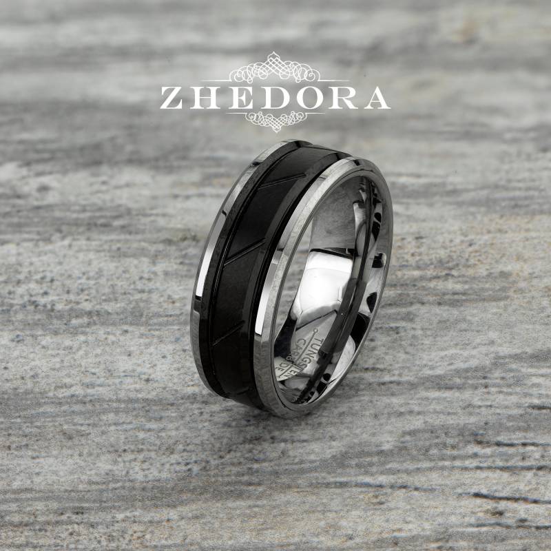 Herrenring Wolfram Ring Zweifarbigen Herren Band Schwarz Diagonal Gerillten Zentrum Ehering Jubiläum von ZhedoraArgento