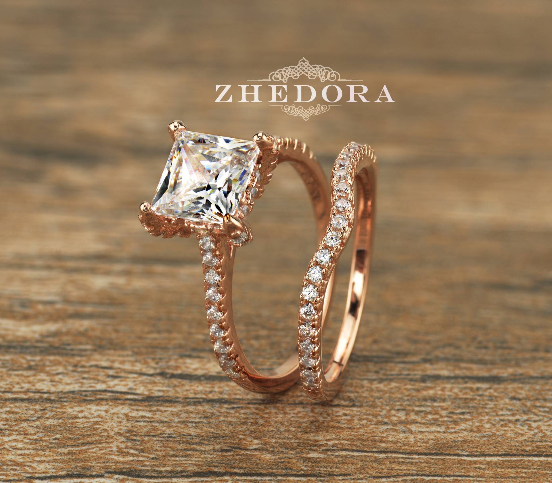 Princess Cut Verlobungsring Mit Akzent Und Passendem Band Rosévergoldeter Brautring Hochzeitsring von ZhedoraArgento